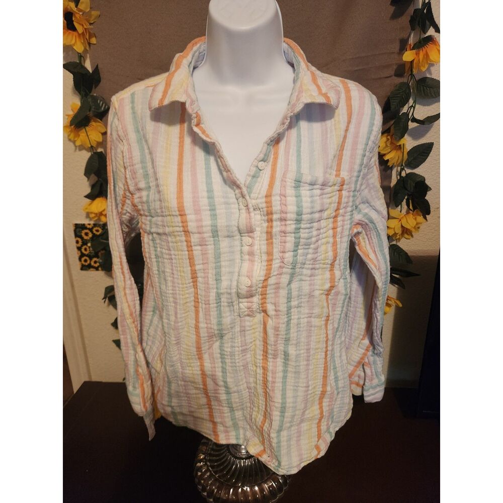 A.N.A a new approach Women's Pastel Striped Gauze Long Sleeve Top Size L Shirt